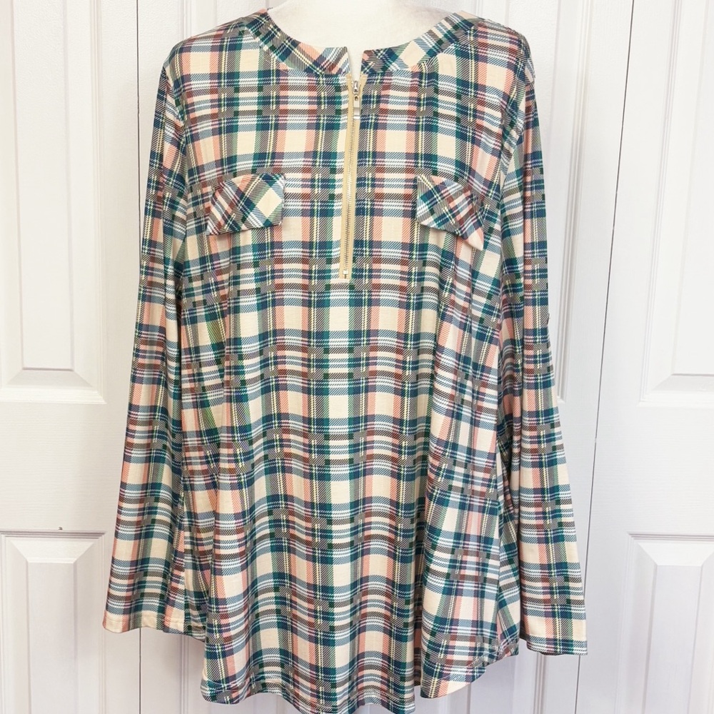 Baikea Light Pink Multicolor Plaid Print Zip Front Long Sleeve Top 2XL